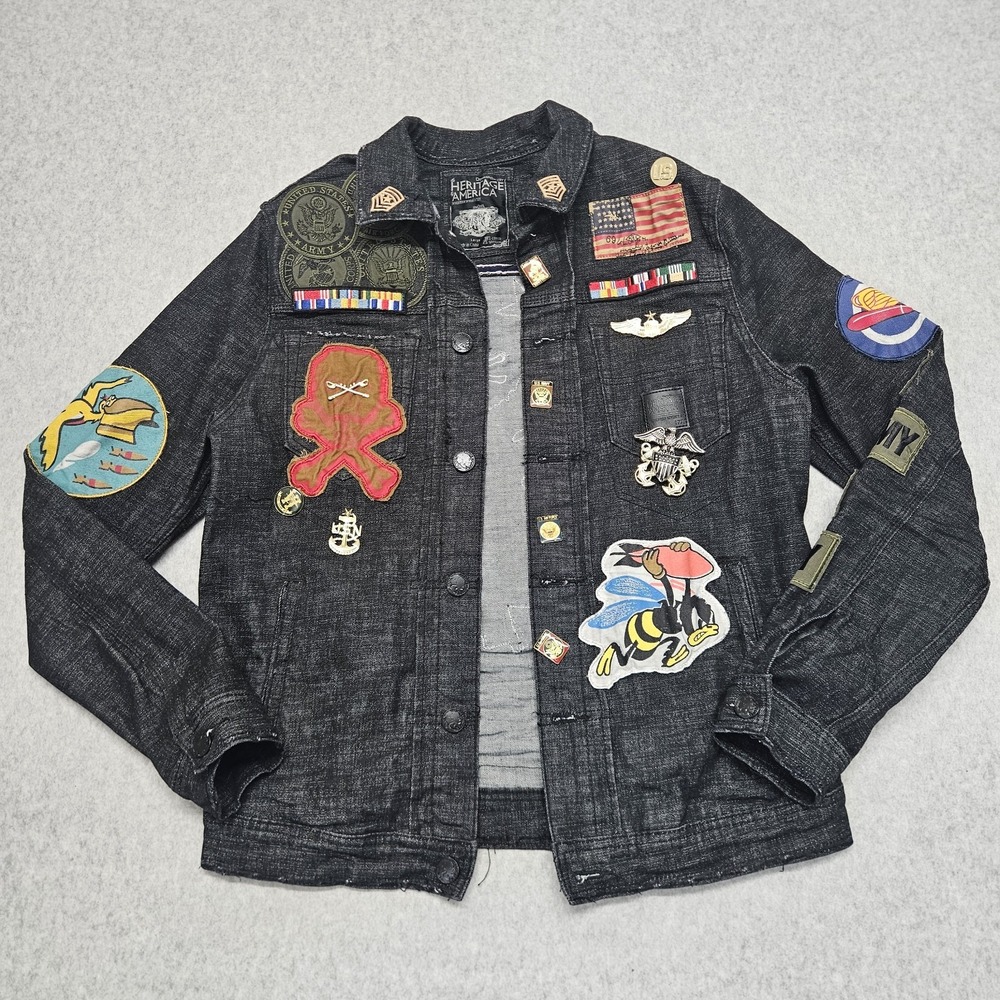 Heritage America Distressed Denim Jean Jacket US Military Patches Black Large
